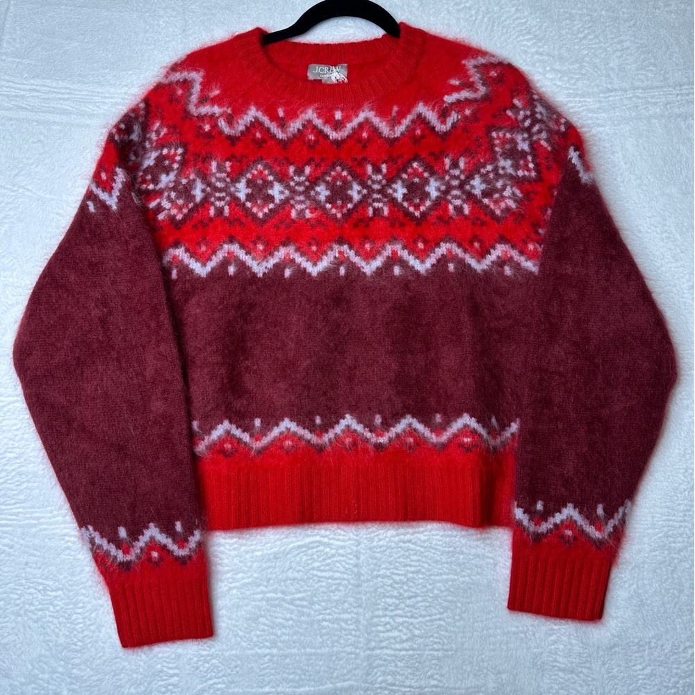 J.Crew Cashmere Fair Isle Sweater Red Burgundy Fuzzy Knit Crewneck Large